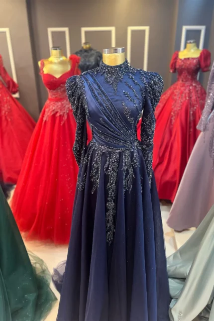 Kabarık Kollu Taşlı Helen Model Tesettür Nişanlık